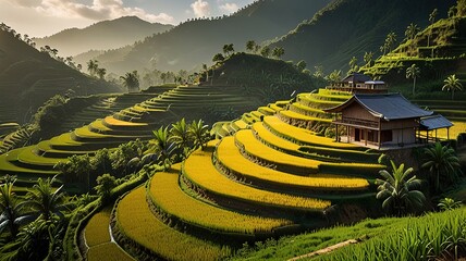 Landscape of terraced rice fields, characterized by their lush green and golden hues.