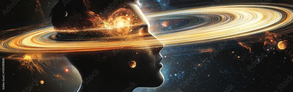Poster Dynamic profile of a man with cosmic elements illustrating a connection to the universe and the mysteries of space