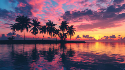 Fototapeta premium Tropical island paradise with palm silhouettes at sunset