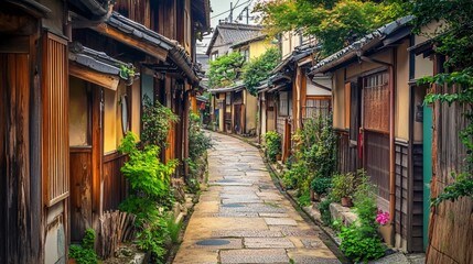 Fototapeta premium Serene Historic Alleyway with Traditional Wooden Houses and Lush Greenery in a Peaceful Japanese Neighborhood, Inviting Exploration and Tranquility