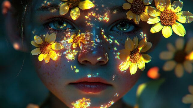 Dynamic portrait of a child with glowing flowers illuminating her face in a serene setting