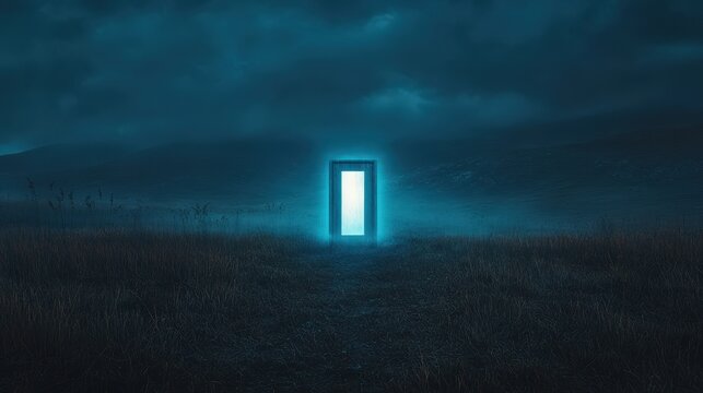 A mysterious glowing door stands alone in a dark, foggy landscape, inviting exploration and evoking a sense of wonder and possibility.