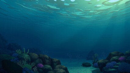 Fototapeta premium Serene Underwater Scene Sunlit Ocean Floor with Rocks and Coral