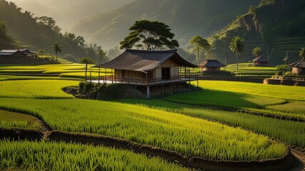 Landscape of terraced rice fields, characterized by their lush green and golden hues.