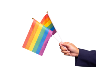 Hand holding two small rainbow pride flags on a transparent background.
