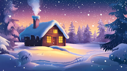 Naklejka premium Cozy winter cabin surrounded by snow and trees at sunset