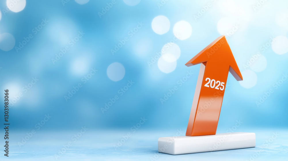 Poster orange arrow with 2025 text pointing upward on blue bokeh background