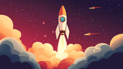 rocket launching into space amidst colorful clouds
