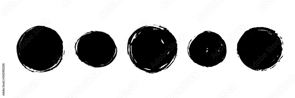 Poster dry paint round stains set. black grunge ink circle collection. textured brush stroke radial element
