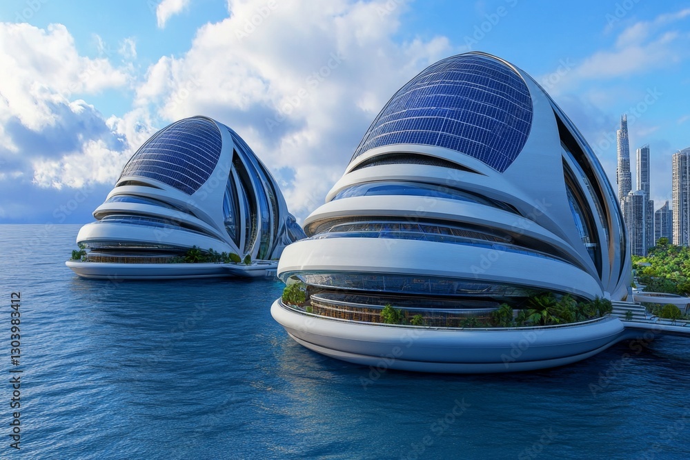 Poster a futuristic floating city where every building is powered by solar energy