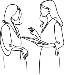 Two businesswomen engaged in a discussion, one holding a document. Simple and clean line-art.