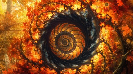 A swirling pattern of vibrant autumn leaves in shades of red and orange,