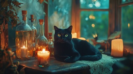 A cozy scene featuring a black cat resting near candles and bottles, illuminated by soft, warm light, creating a mystical atmosphere.