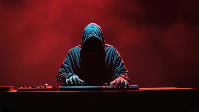 Cyberpunk Hacker: A mysterious figure shrouded in darkness, hunched over a keyboard, their face obscured by a dark hoodie, evokes a sense of intrigue and suspense in a dramatic, cinematic scene.