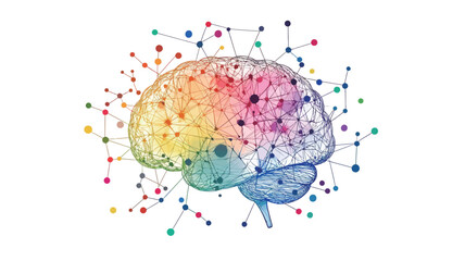 A stylized illustration of a human brain depicted in a wireframe style with a rainbow color gradient.  Numerous small colored dots are connected by thin lines radiating outward from the
