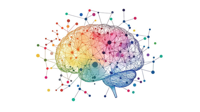 A stylized illustration of a human brain depicted in a wireframe style with a rainbow color gradient.  Numerous small colored dots are connected by thin lines radiating outward from the