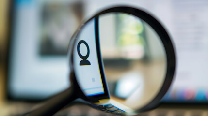 Close-up of laptop screen with search bar and magnifying glass icon, representing online privacy and data security concerns in digital age.