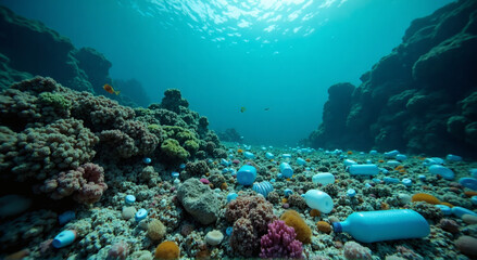 Fototapeta premium Underwater Coral Plastic Pollution, underwater scene revealing a coral reef overtaken by plastic waste