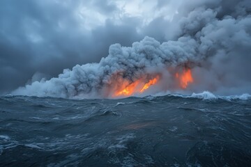 Fiery Lava Flow Meeting Turbulent Ocean Under Dramatic Sky