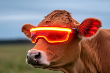 Naklejka premium A futuristic smart farm where cattle wear tracking devices, monitored by AI for health and growth