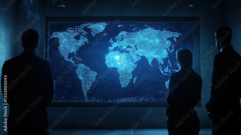 Poster futuristic editorial style photograph of people viewing a cyber world map display