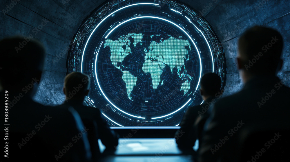 Poster futuristic cyber editorial style photograph featuring global map in high-tech environment