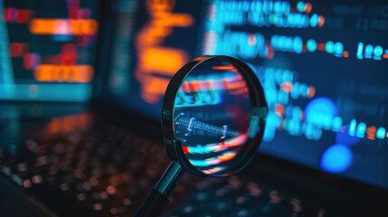 Close-up of laptop screen with search bar and magnifying glass icon, representing online privacy and data security concerns in digital age.