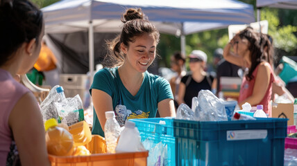 Vibrant community recycling event with diverse participants engaging in sustainability efforts