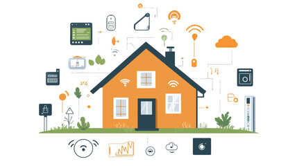 A stylized illustration depicting an orange house surrounded by various icons representing smart home devices and technology. The icons include symbols for tablets, smartphones, lightbulbs,