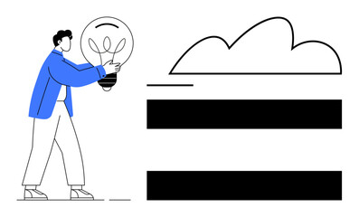 Person in blue jacket holding lightbulb, standing near abstract cloud and horizontal lines. Ideal for creativity, innovation, brainstorming, cloud computing, digital storage, technology, flat simple