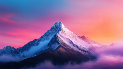 Majestic mountain range under vibrant pink sky at sunset, showcasing stunning natural beauty and tranquility