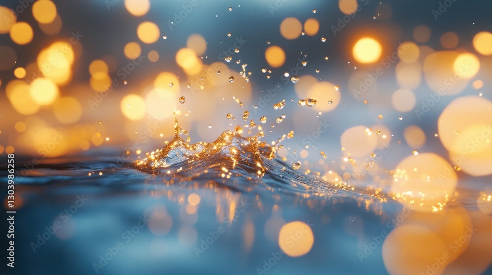 Poster a shimmering splash of water with glowing bokeh lights, creating a mesmerizing blend of colors and t