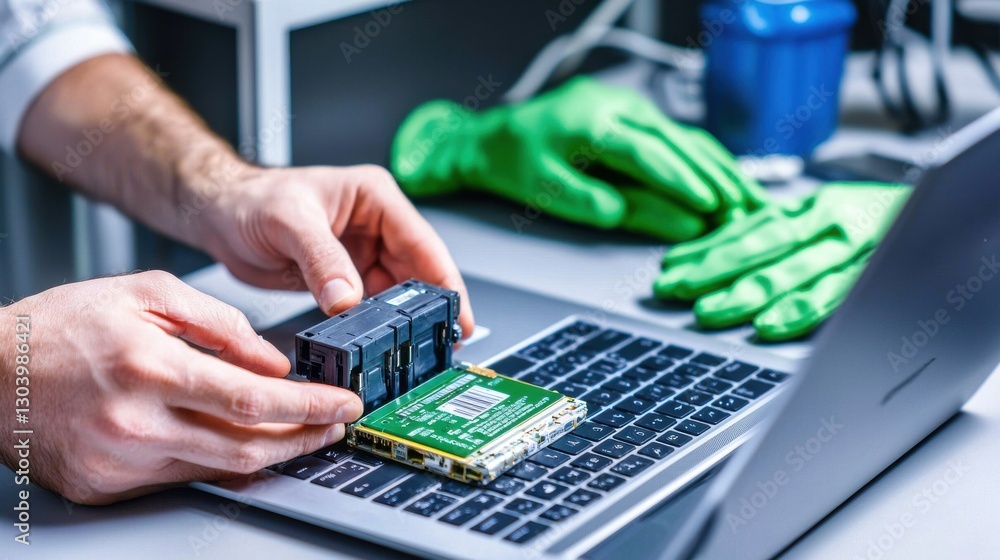 Aufkleber a person in green gloves is assembling a circuit board with components next to a laptop in a tech wo