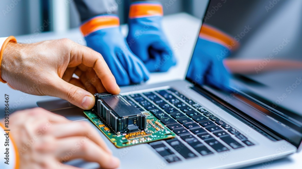 Poster a technician is installing a circuit board onto a laptop, showcasing hands-on computer hardware main