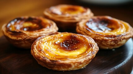 Delicious Egg Custard Tarts on Dark Wood Ready to Eat