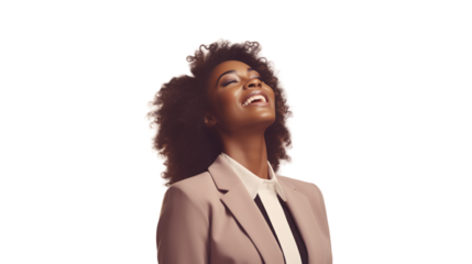 Successful Black Businesswoman Cheering on Isolated PNG Background
