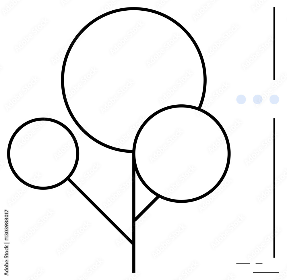 Poster abstract tree with three circular canopies and linear branches, minimal lines for balance. ideal for