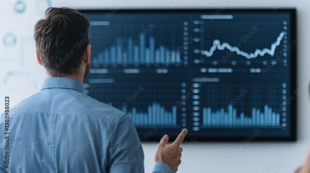 Aufkleber a man analyzes data trends on a digital screen, focusing on graphs and statistics in a modern office