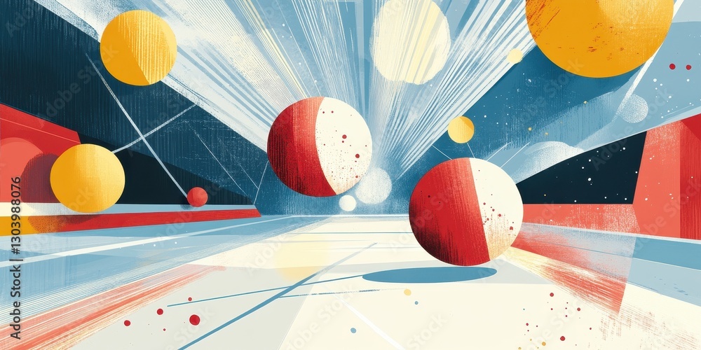 Poster abstract scene depicting spherical objects in a geometric perspective