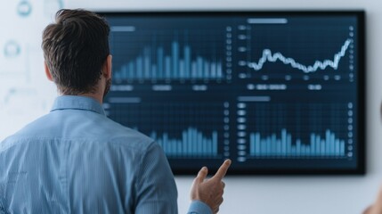 A man analyzes data trends on a digital screen, focusing on graphs and statistics in a modern office environment.
