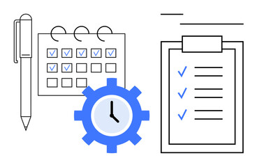 Obraz premium Calendar with checkmarks, clipboard checklist, pen, and clock gear representing organization, planning, and productivity. Ideal for scheduling, deadlines, workflow task prioritization goal setting