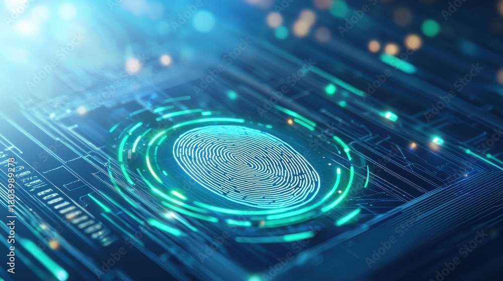 Poster a close-up of a digital fingerprint surrounded by glowing circuits, symbolizing security and technol