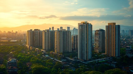 Fototapeta premium City Skyline at Sunrise: High-rise residential buildings stand tall against a vibrant sunrise sky, symbolizing urban development and modern living. Capturing the interplay of architecture.