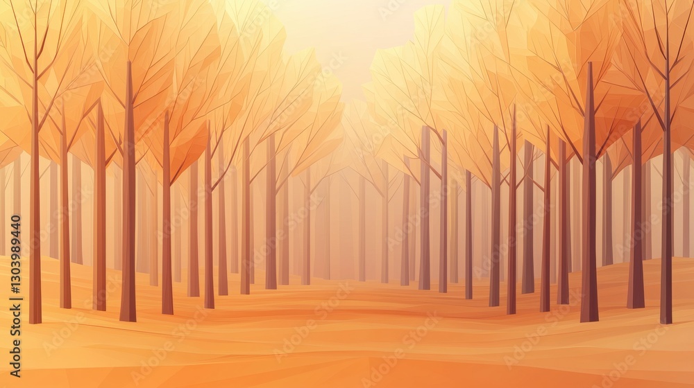 Poster a serene autumn forest scene with golden trees, bathed in soft sunlight, creating a tranquil and inv