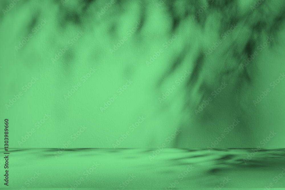 Poster wall interior background, studio and backdrops show products. with leaf shadow from window color gre