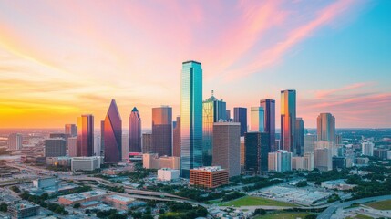 Obraz premium A vibrant skyline of Houston, Texas, showcasing modern skyscrapers against a colorful sunset.