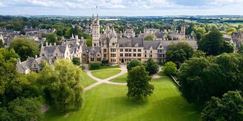 Aerial view of college campus, green lawns, England
