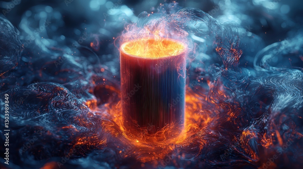 Poster a glowing cylindrical object surrounded by swirling flames and smoke, creating a striking visual con