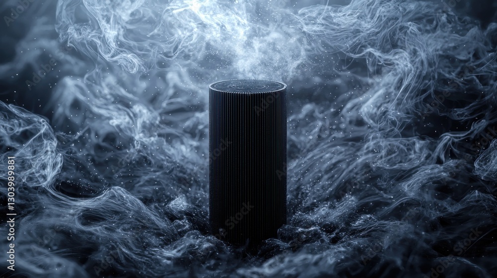 Poster a dark, cylindrical object emerges from swirling smoke, creating a mysterious and atmospheric visual