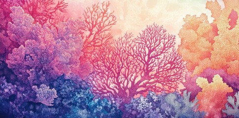 A Vibrant Watercolour Painting Depicts Underwater Coral Reefs